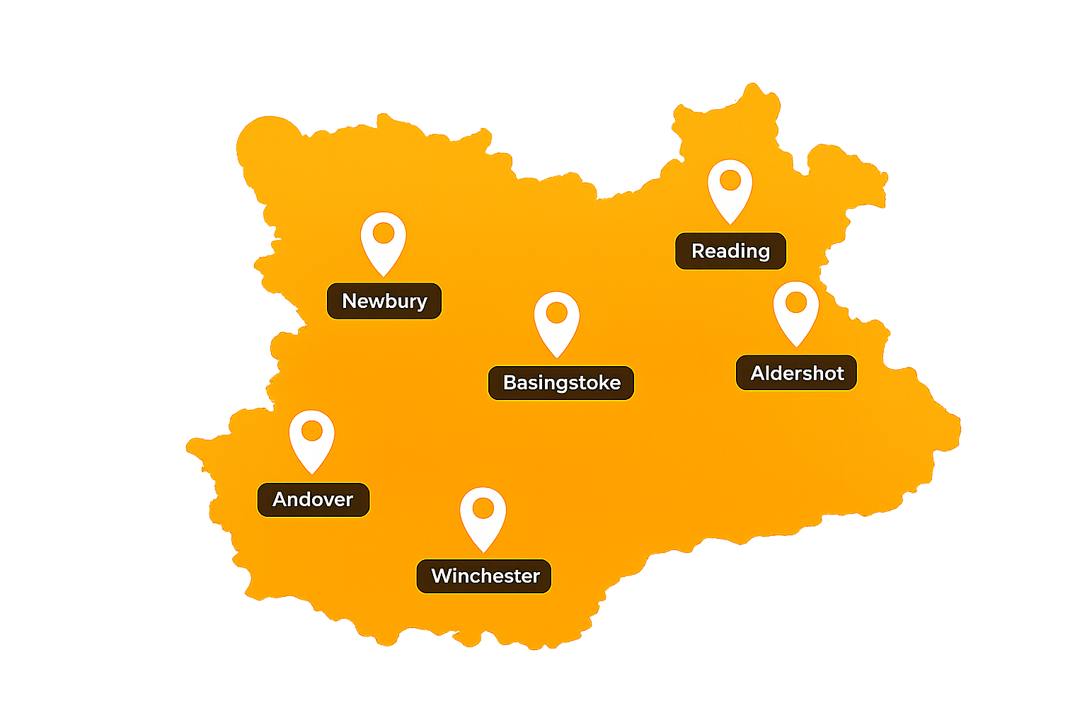 Service area map showing Basingstoke, Reading, Newbury, Aldershot, Andover, and Winchester